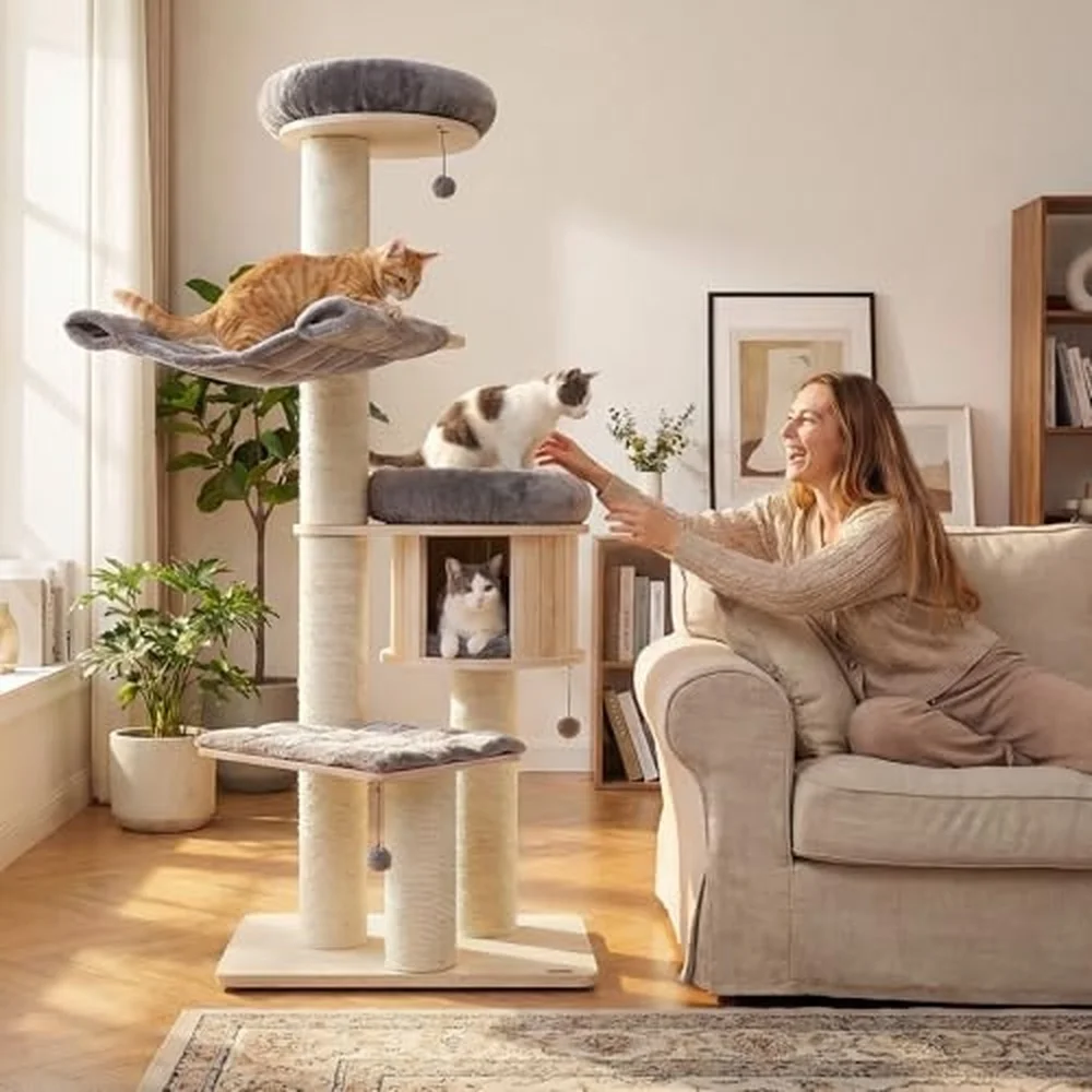 Modern Cat Tree Multi Level Large Cat Tower with Condo Hammocks & Hanging Basket Tall Cat Tree with Sisal Posts Washable