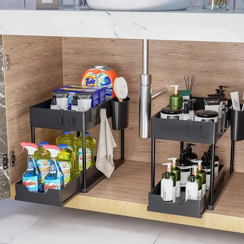 2‑Tier Sliding Under Sink Organizer Multi‑Function Cabinet Basket with Hooks Hanging Cup Space‑Saving Rack for Kitchen Bathroom view 3
