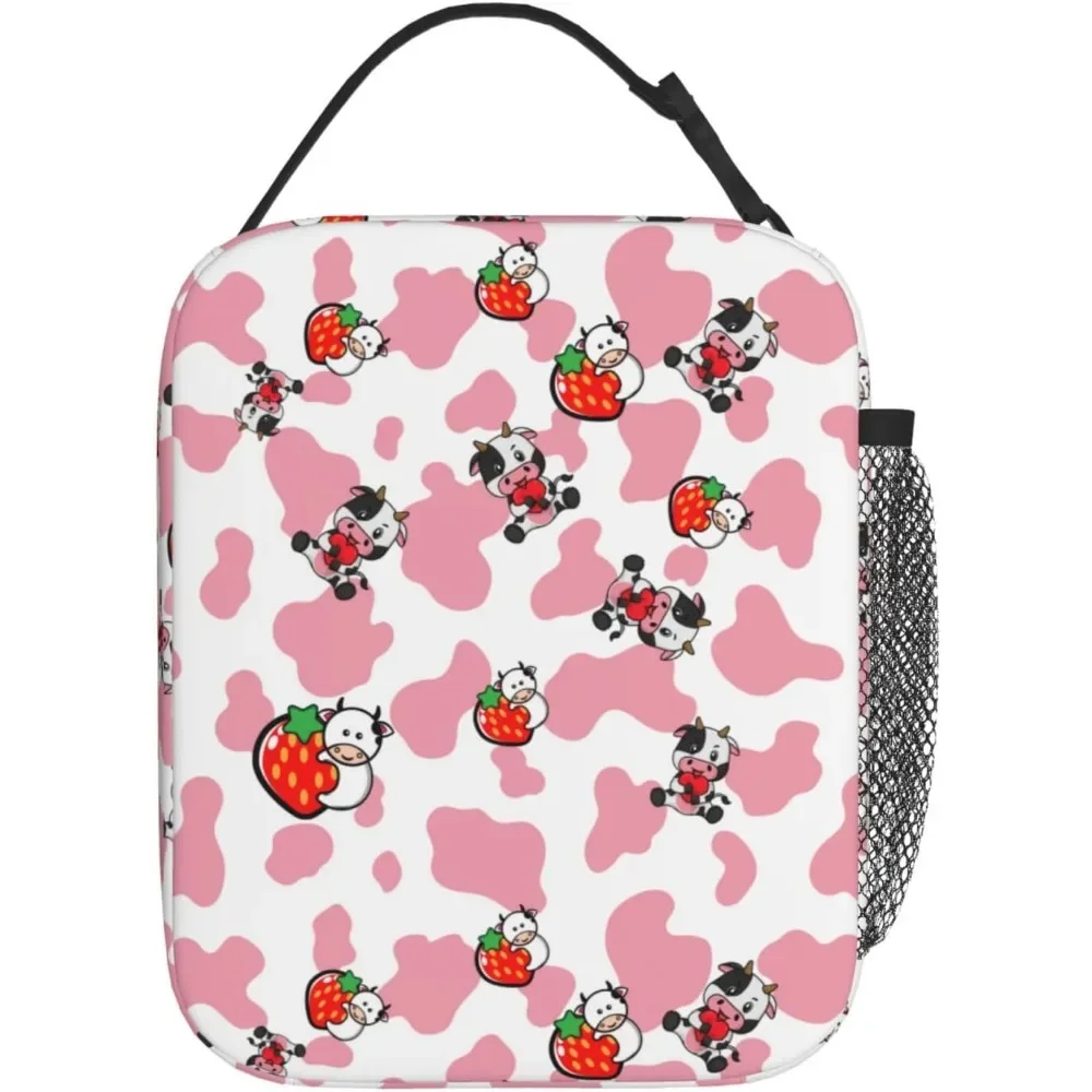 Pink Cows Print Reusable Lunch Box Food Bag Insulated Lunch Bag for Teenage Boys Girls School Beach