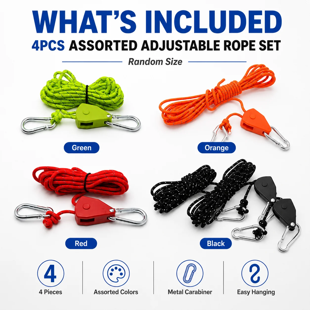 4PCS Assorted Adjustable Rope Set Random Size, Braided Hanging Cord with Metal Carabiner Clips for Camping Canopy Plants Laundry