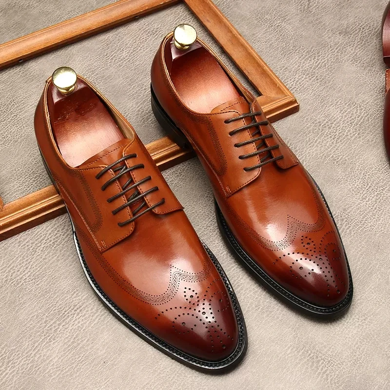 HKDQ Black Oxford Shoes Men Brogues Shoes Lace Up Formal Shoes Genuine Leather Wedding Business Men Luxury Dress Shoes