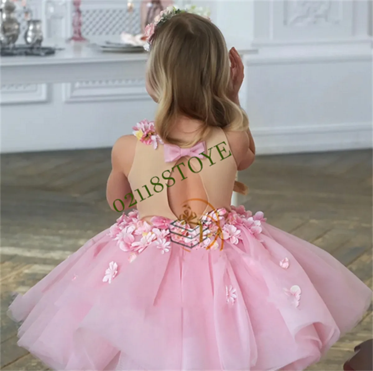 Cute Pink Girls Dress with 3D Flowers Tutu Tulle Dress Nude Top Party Gowns Birthday Dress