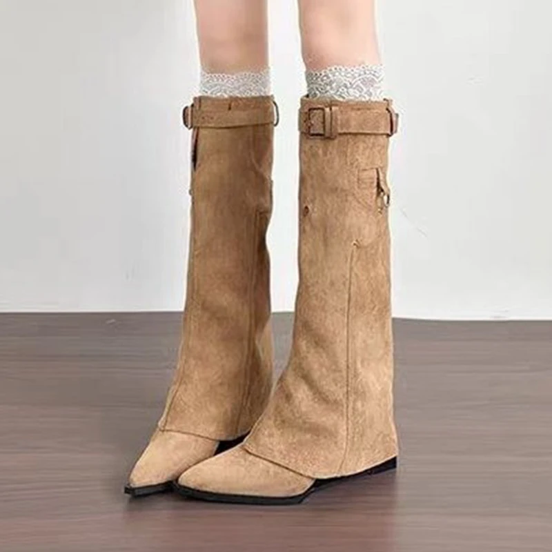 أسافين النساء أحذية الركبة عالية أشار تو أحذية الشتاء مثير عالية الكعب أحذية طويلة 2025 مضخات الحفلات الجلد المدبوغ حذاء الثلج عالي الرقبة دافئ Mujer