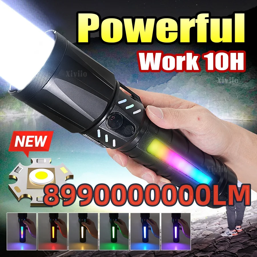 Powerful Zoomable Colorful COB LED Flashlight Long‑shot Double Light USB Rechargeable Torch Outdoor Camping Fishing Emergency