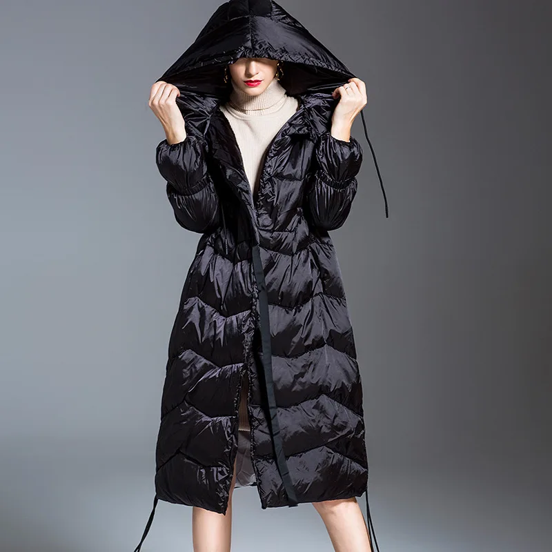 Hochwertige Luxus-Design-lange Daunenjacke mit Gürtel für Damen, Winter, warm, mit Kapuze, Trenchcoat, winddicht, Schneejacke, schmaler Daunenmantel