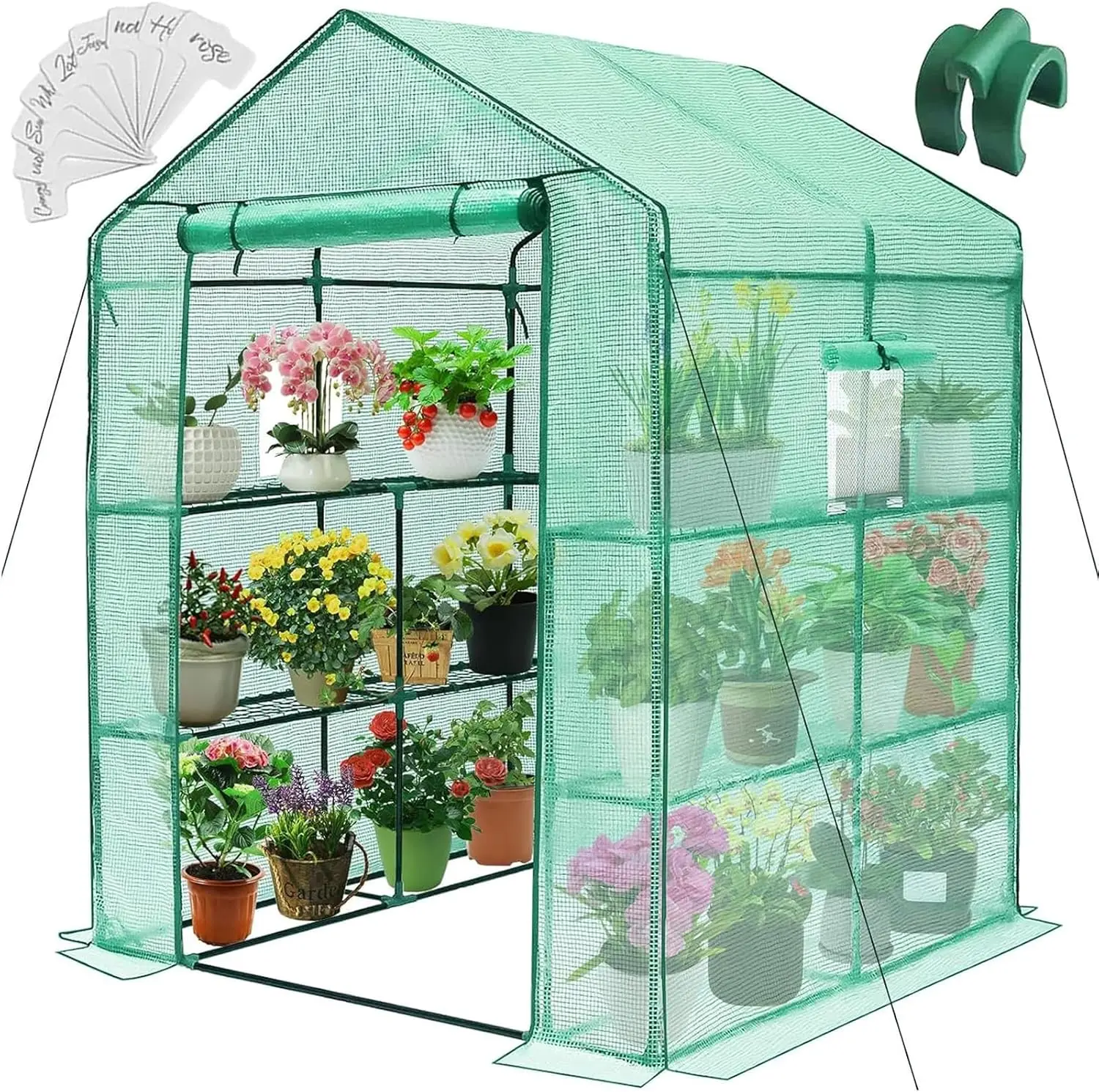 

57x57x76" Walk-in Greenhouse with Window, Thick PE Cover, 3 Tiers 8 Shelves for Outdoor/Indoor Use