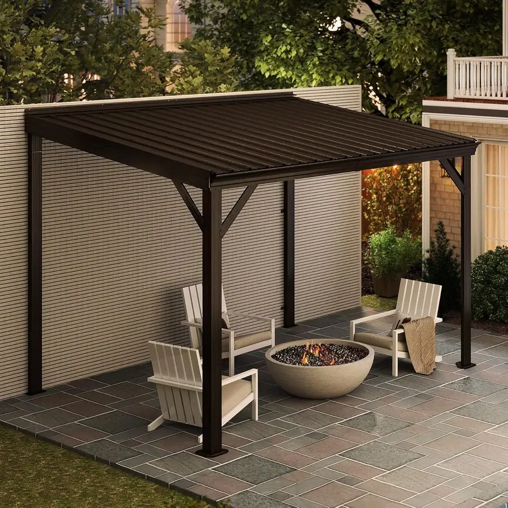 8x10 Hardtop Wall-Mounted Gazebo Pergola, Galvanized Steel Roof, Upgraded Drainage, Outdoor Metal Patio Shelter