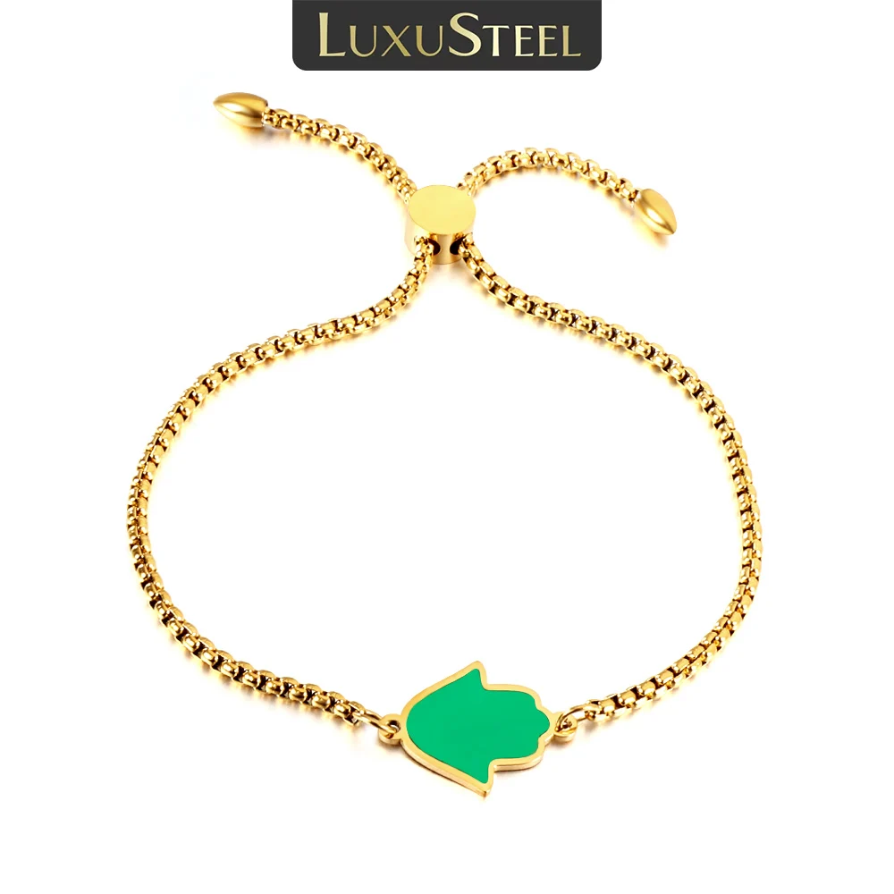 LUXUSTEEL New Green Hamsa Hands Charm Bracelet For Women Men Stainless Steel Box Chain On Hand Adjustable 21cm