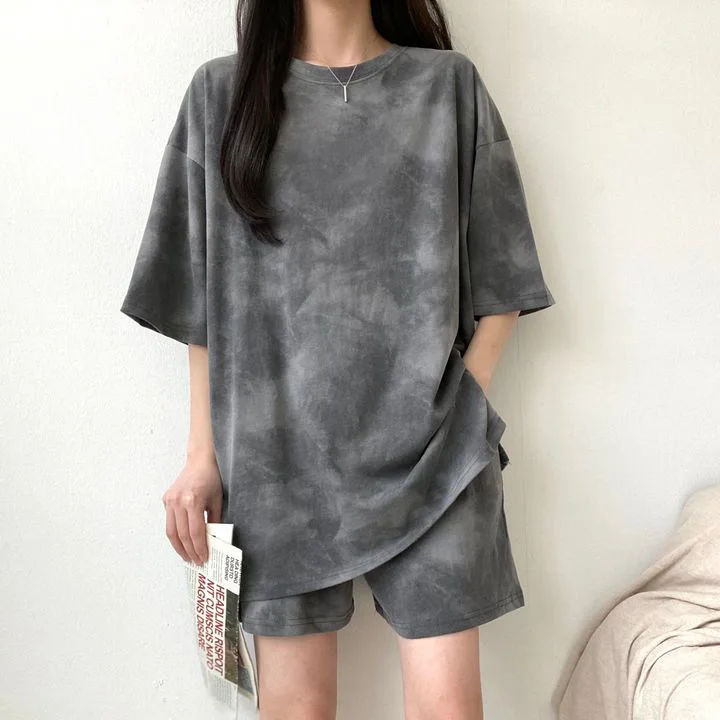 Women T-shirt Two Piece Shorts Set Tie-dye Sport Loose Mid Length Top Mini Shorts Plus Size 2 Pcs Daily Wear Top Suits Outfits