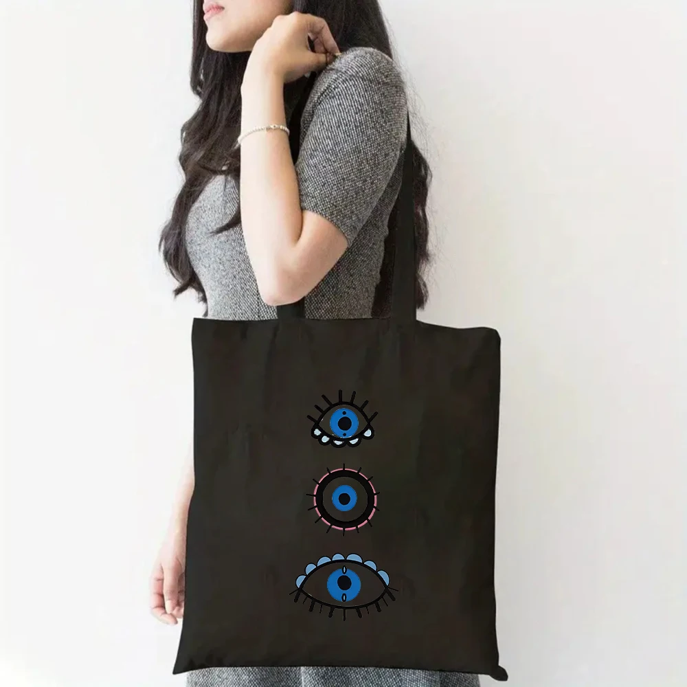 

Evil Eye Print Canvas Tote Bag, Reusable Casual Shoulder Bag for Daily Shopping & Travel