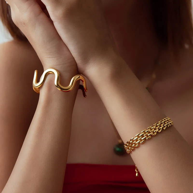 PRISCA | 18K Gold Wavy Open Bracelet for Women. Stainless Steel. Waterproof. Rust Protection.High Quality. Minimalism 2024