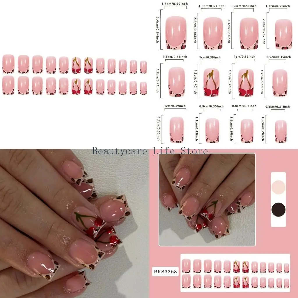 

652C 24 Pcs French Tip Press On Leopard Print False Fruit Artificial