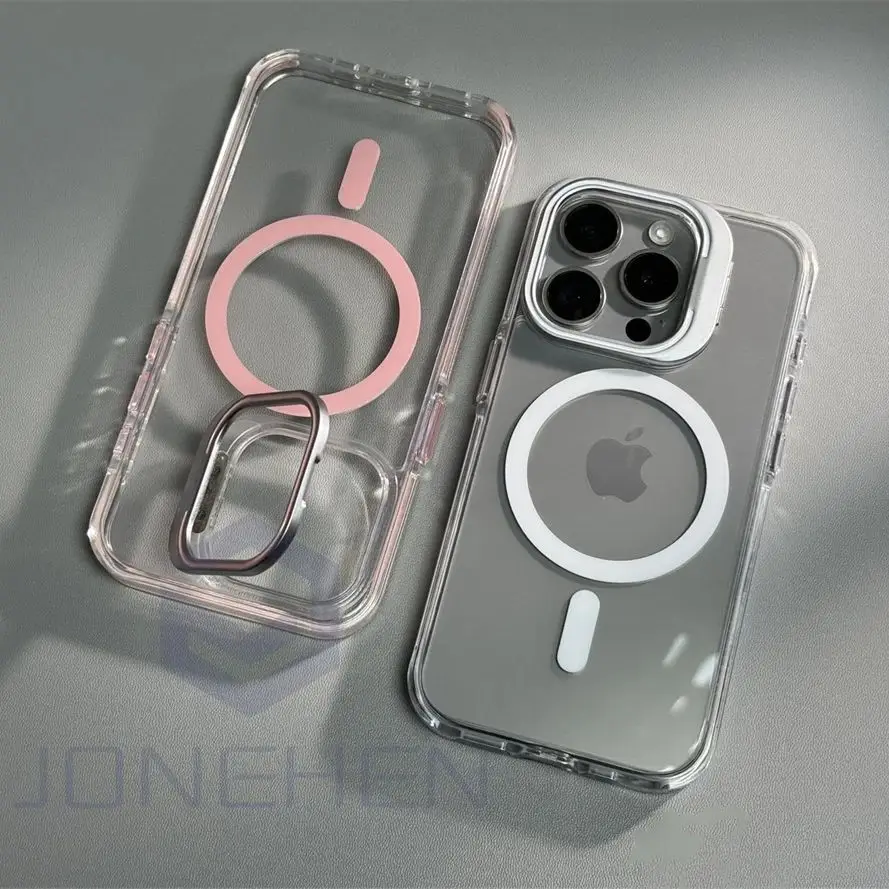 For Magasfe Case Metal Lens Holder Shockproof Bumper Magnetic Wireless Charge Transparent Cover For iPhone 15 14 13 12 Pro Max