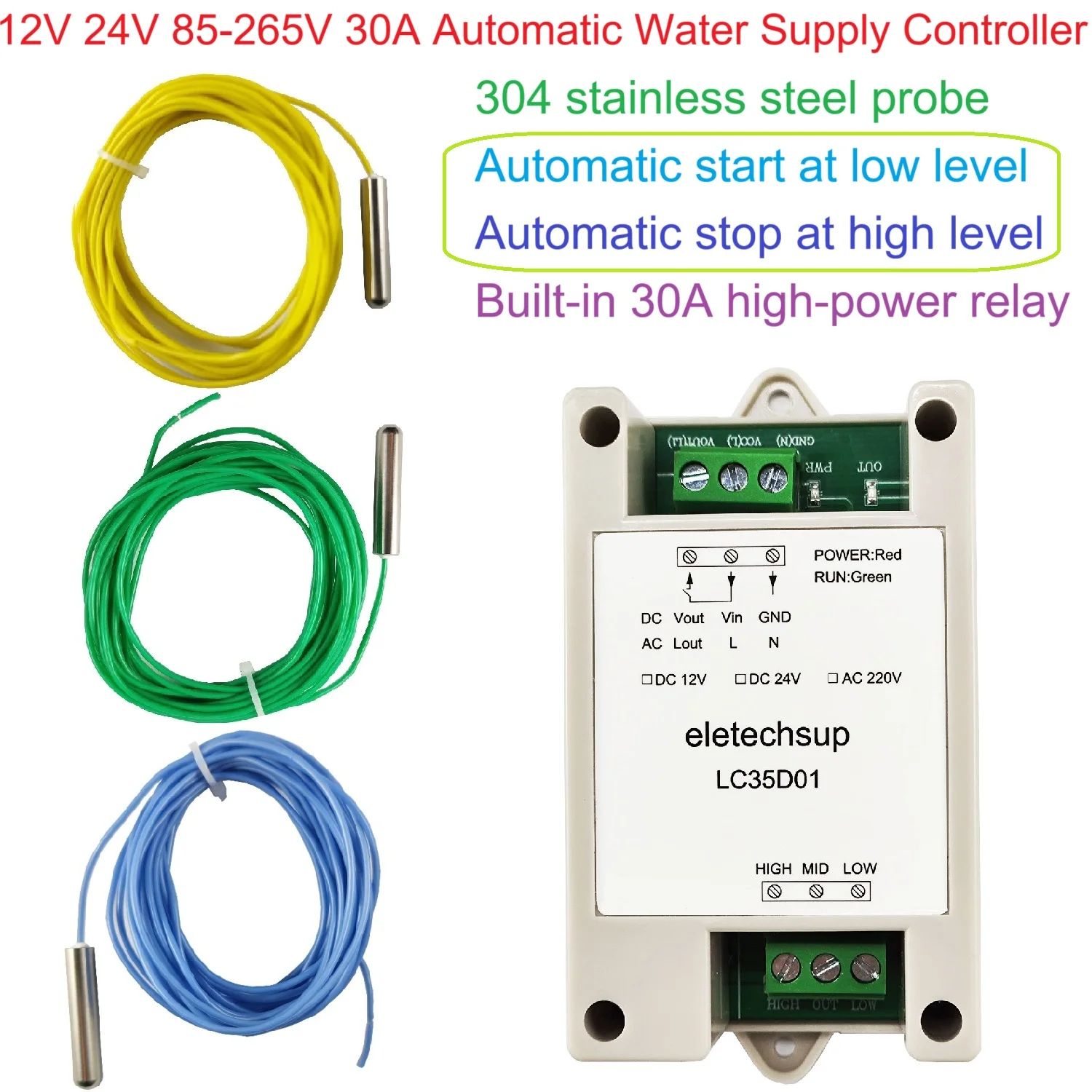 304 Stainless Steel Water Level Controller & Sensor Probe, 12V/24V/220V Auto Pump Control for Tower/Dam/Swimming Pool