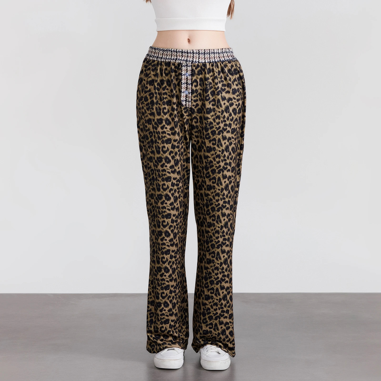 Womens Long Pants Elastic Waistband Leopard Houndstooth Print Single-breasted Casual Trousers