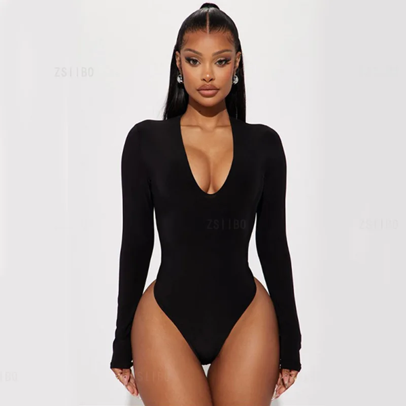 Long Sleeve Bodysuit Jumpsuit Woman clothing Black Solid Sexy Female Jumper Summer Beach Gym Yoga Going Out Basic Slim Top y2k
