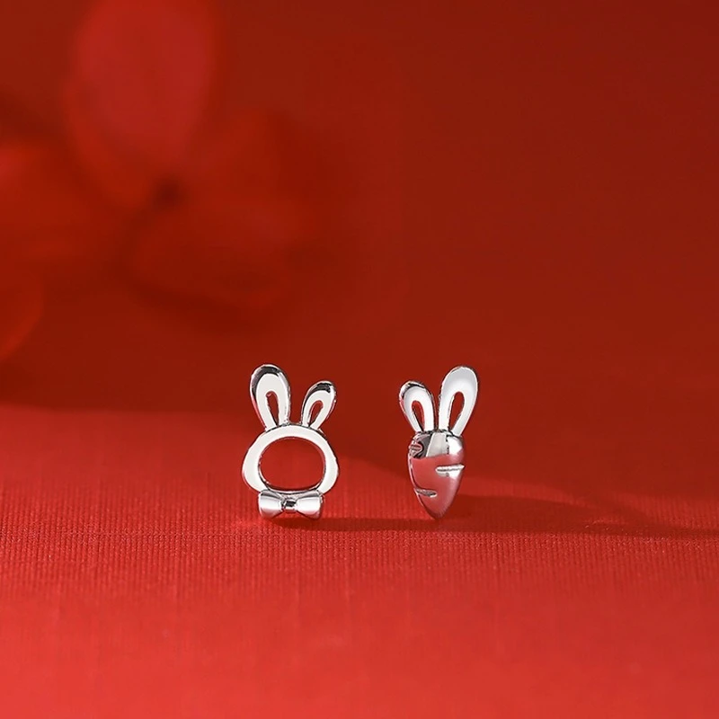 Cute Fashion 925 Sterling Silver Asymmetry Rabbit Carrot Stud Earrings for Women Girls Cartoon Animals Jewelry Accessories Gifts