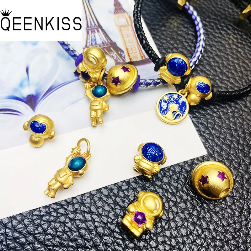 QEENKISS 24KT Gold Astronaut Airship Beads Charm For DIY Bracelet Making For Girl Children Jewelry Accessories Wholesale AC506