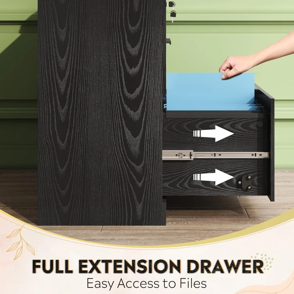 사무실 및 가정용 서랍형 잠금식 목재 측면 파일 캐비닛 2개, 검정색, 안전한 보관 솔루션