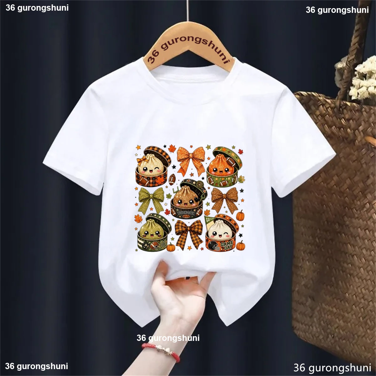 Falling for Dumplings Cute Bun Pumpkin Spice Graphic T-shirt, Boys Girls Autumn Thanksgiving Short Sleeve Casual Tshirt Tops
