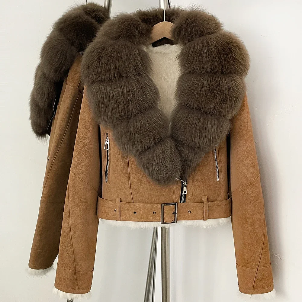 OFTBUY Luxus-Gürtel Natürlicher Kaninchenfellmantel Damen Kurze Wildlederjacke mit Echtfuchs-Fellkragen Neue Herbst-Warmbekleidung für Frauen – Detail 23