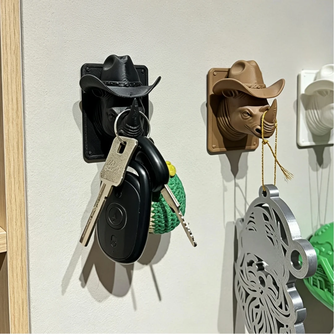 2pcs Cowboy Hat Rhino Head Shaped Key Hooks, No-Drill Wall Decorative Hooks for Home, Western Style Hat Hooks, Home Wall Art P