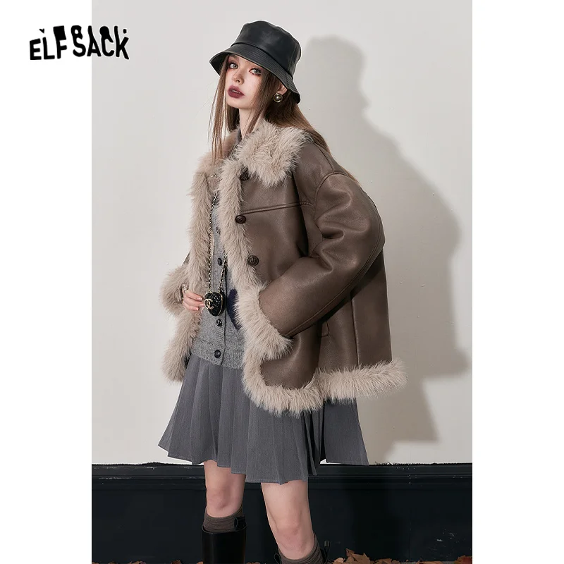 ELFSACK Fleece PU Coats Woman 2023 Winter New Designer Luxury Clothes