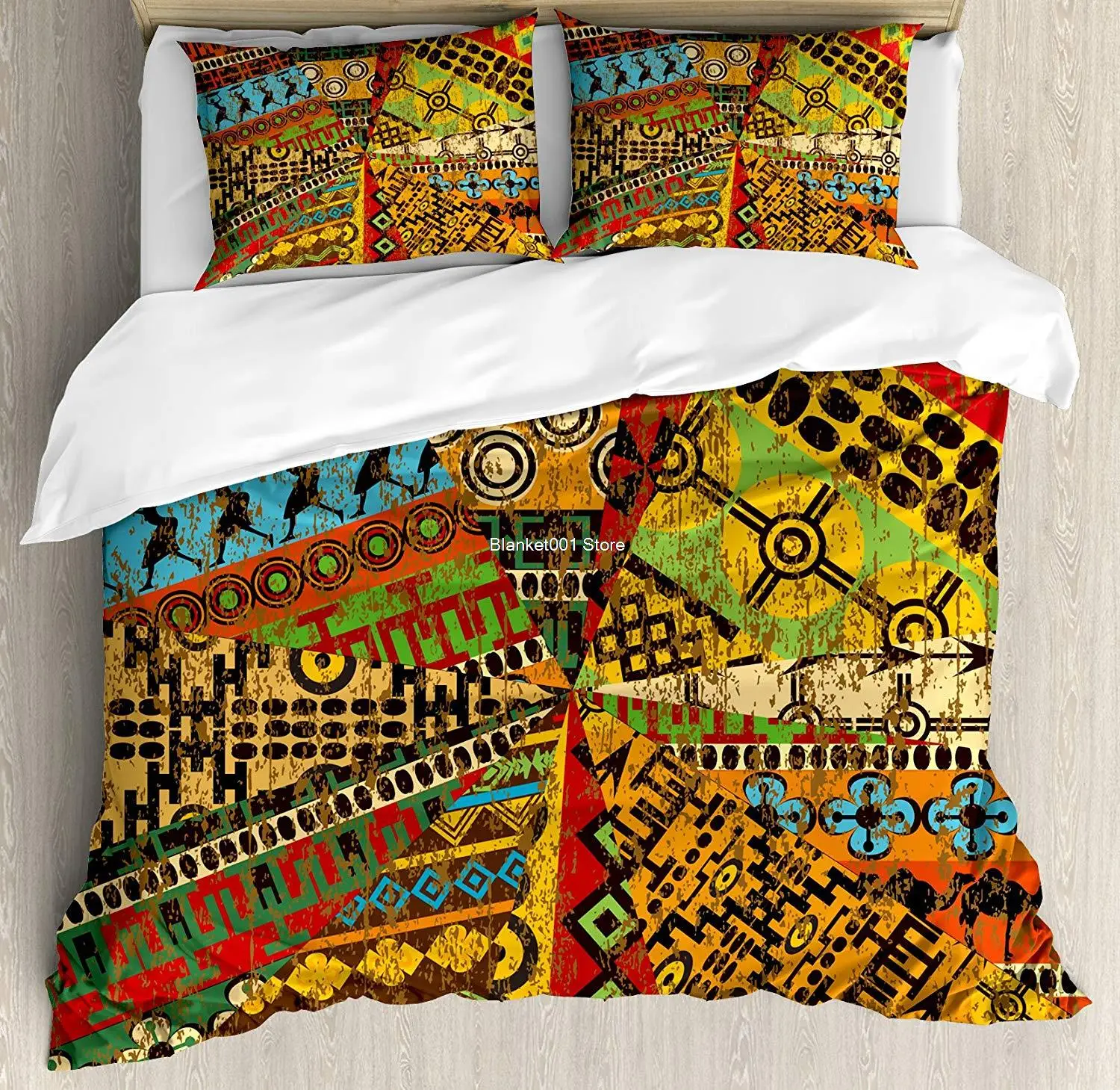 

African Duvet Cover Set Grunge Collage with Motifs Traditional Art Ornate Geometric Decorative 3 Piece Bedding Set