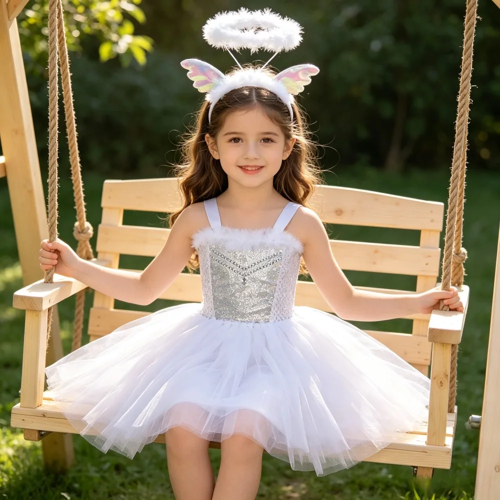 New White Feather Angel Wings Fluffy Tulle Dress Mesh Layered Sundress Evening Outfit Holiday Photo Attire Soft A-line Tutu Gown