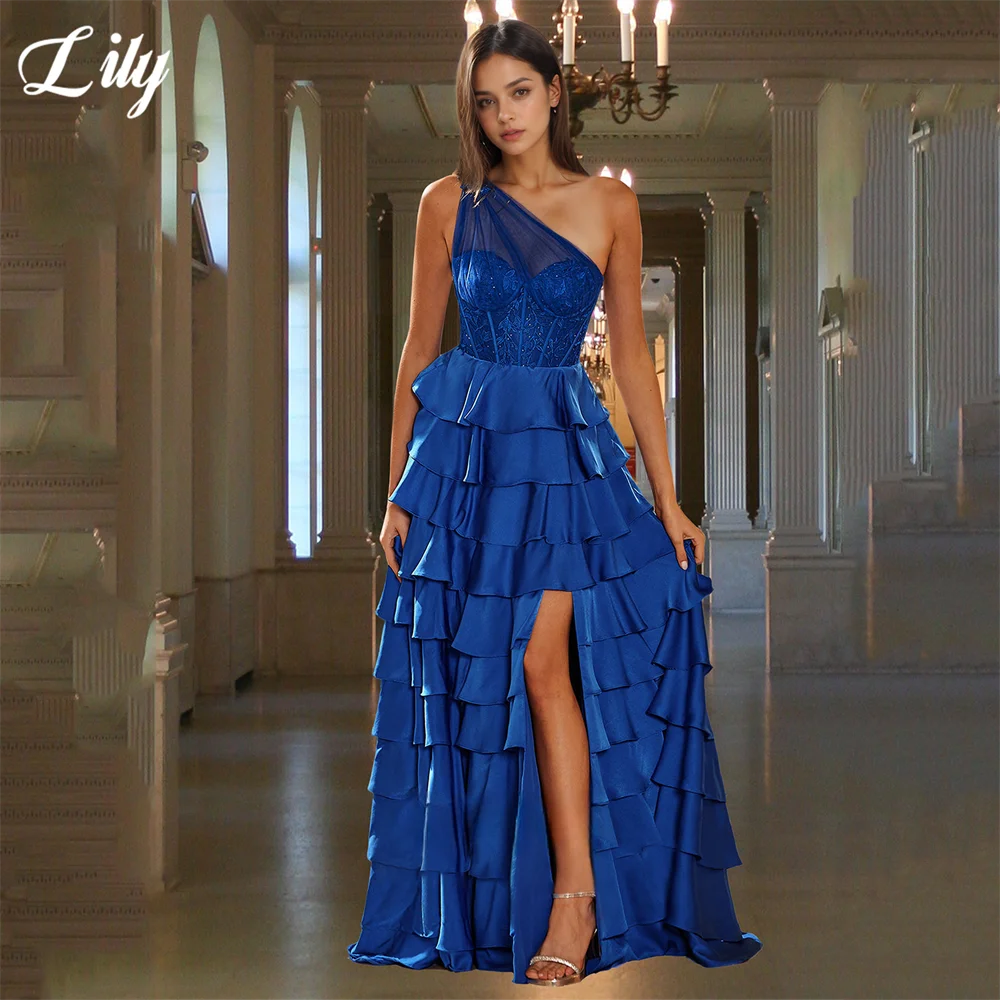 

Lily Royal Blue Chic Grand Prom Dress One-Shoulder Ruffled Sleeveless Formal Dresses with Sheer Panel and High Split Customized