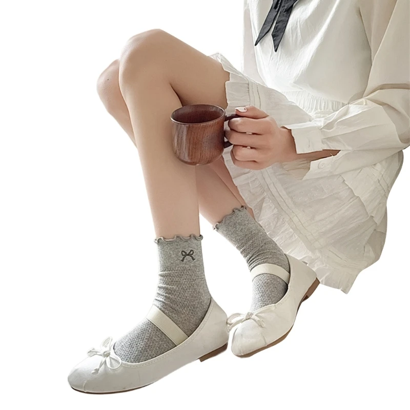 Trendy Mesh Socks with Embroidered Bowknot Ruffle Middle Calf Cotton Socks