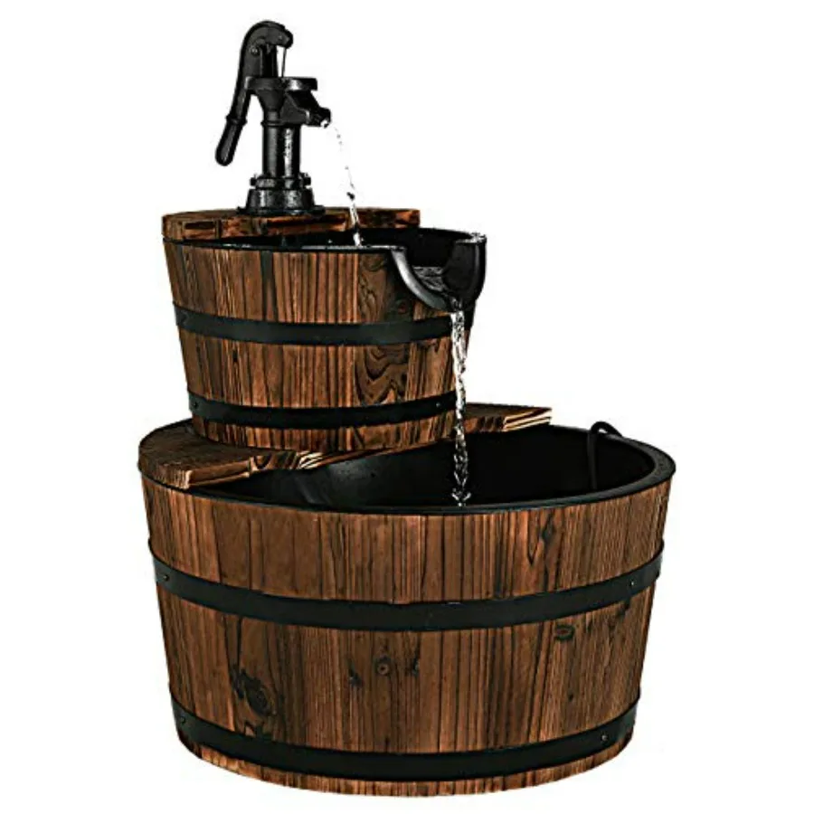 Fuente de Agua en Cascada de 2 Niveles con Barril de Madera Rústico para Exteriores, con Bomba Eléctrica en Color Marrón para Jardín