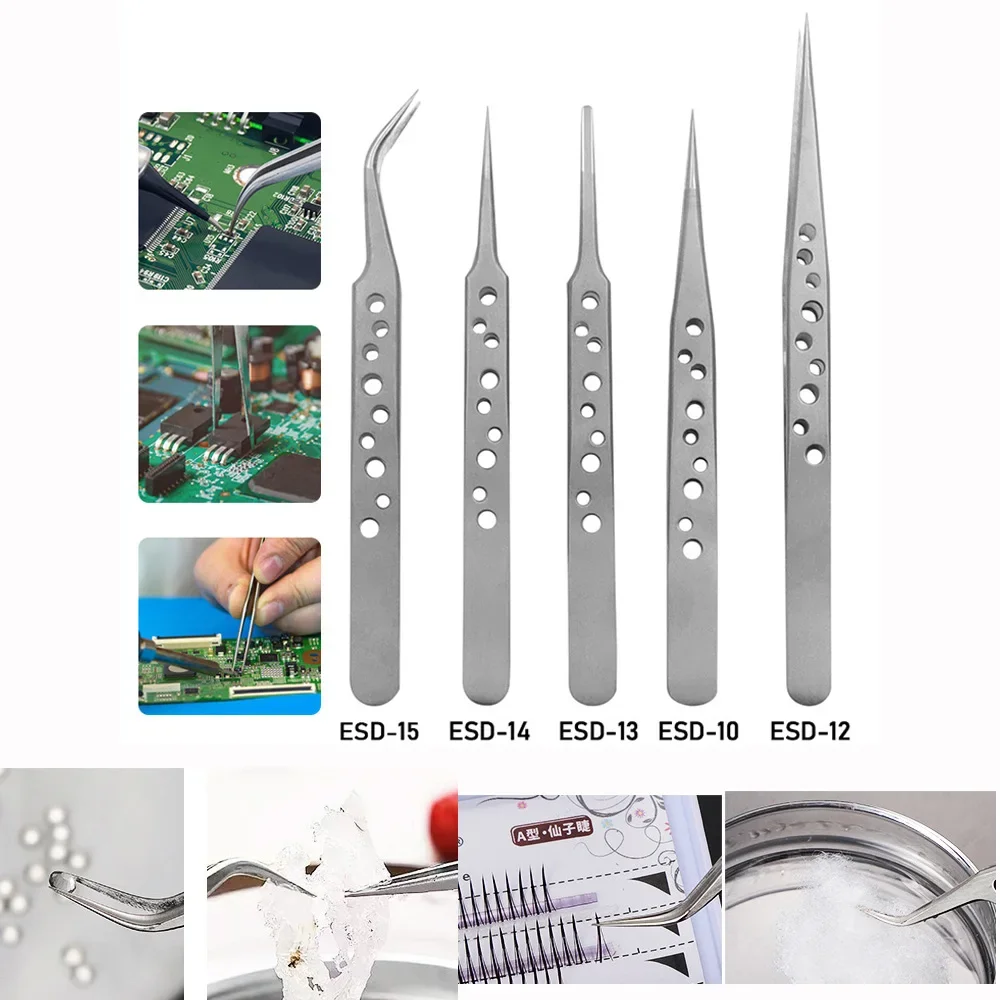 

Electronic industrial tweezers precision stainless steel pliers with antistatic curved straight tip hand tool set for phone repa