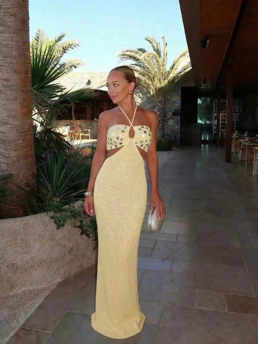 

Womens Yellow Sequin Knit Maxi Dress With Cut Out Spaghetti Strap Backless Design For Beach Party Festival