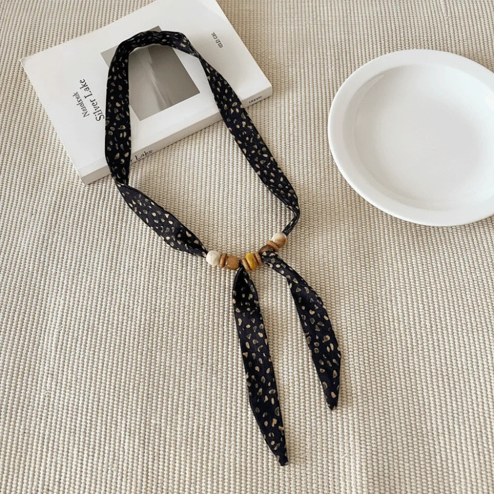 

New Vintage Thin Polka Dot Neckerchief Beads Adjustable Choker Scarf Long Narrow Elegant Silk Scarf Necklace Shirt Collar
