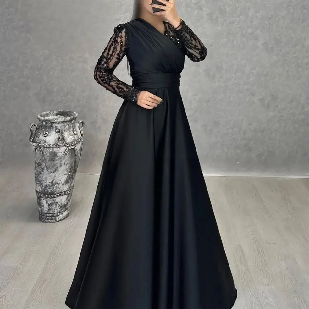

Customized Delicate Sequined A-Line Evening Dress Elegant V-Neck Long Sleeves Celebrity Gowns Classic Satin Vestido De Noche