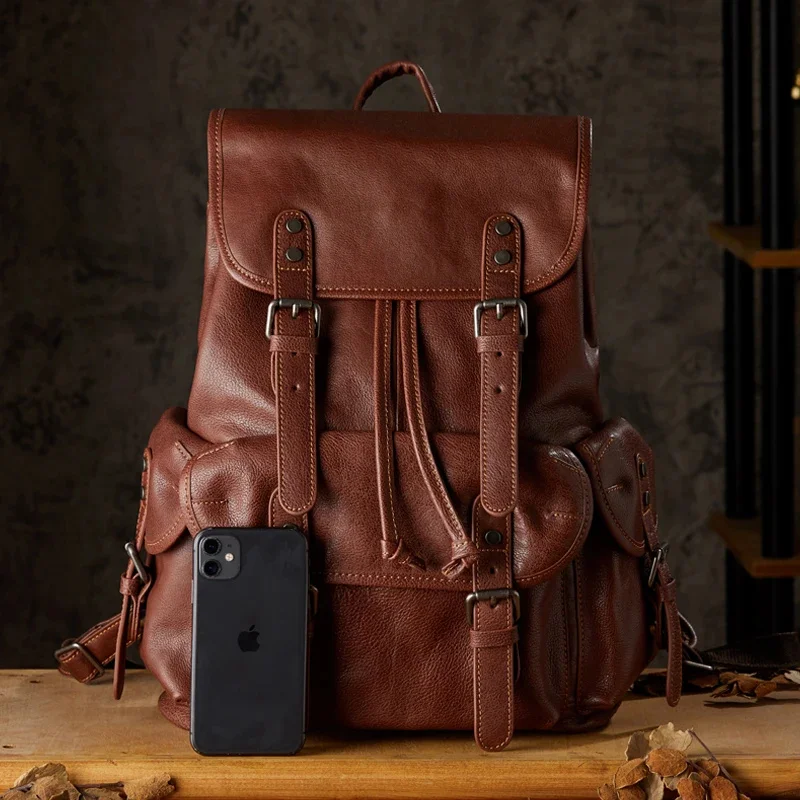 Handmade Vegetable Tanned Cowhide Leather Backpack For Men Genuine Rucksack Vintage Cowskin Knapsack Large Capacity Bag