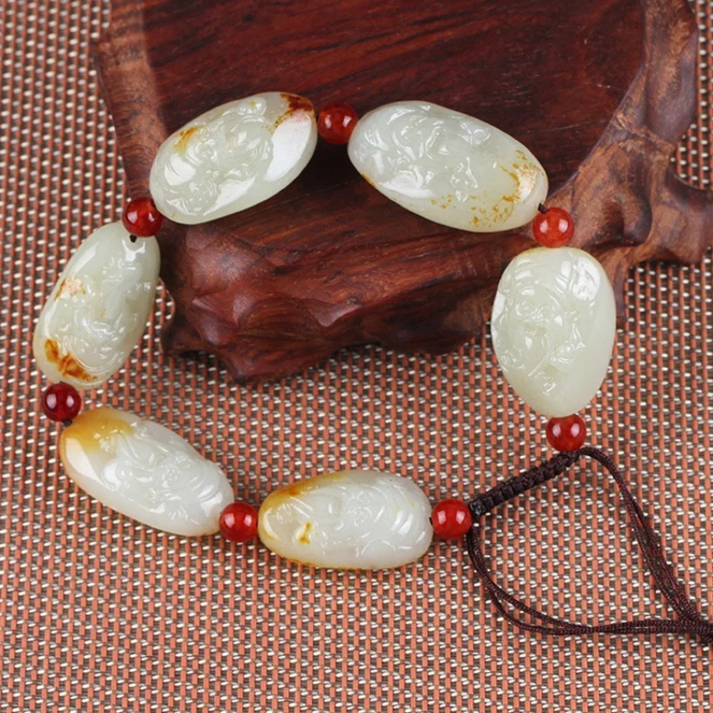 

Hetian Jade Pebble Eight Immortals Rough Stone with Carving Buddha Head God of Wealth Bracelet