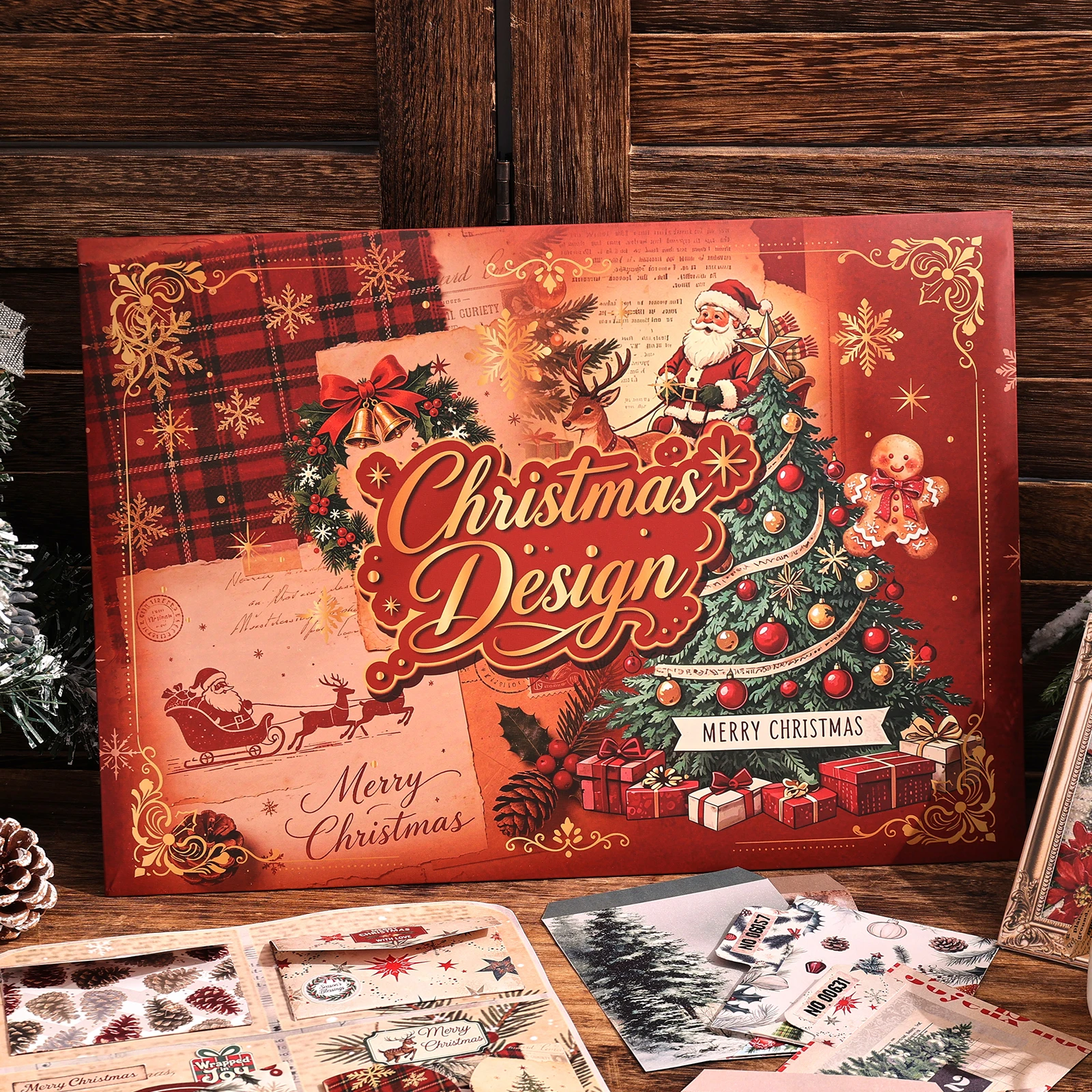 1 Pack Retro Christmas Scrapbook Kit Interactive Cut-Outs with Tree Santa Snowman for DIY Journals Envelopes Holiday Decor