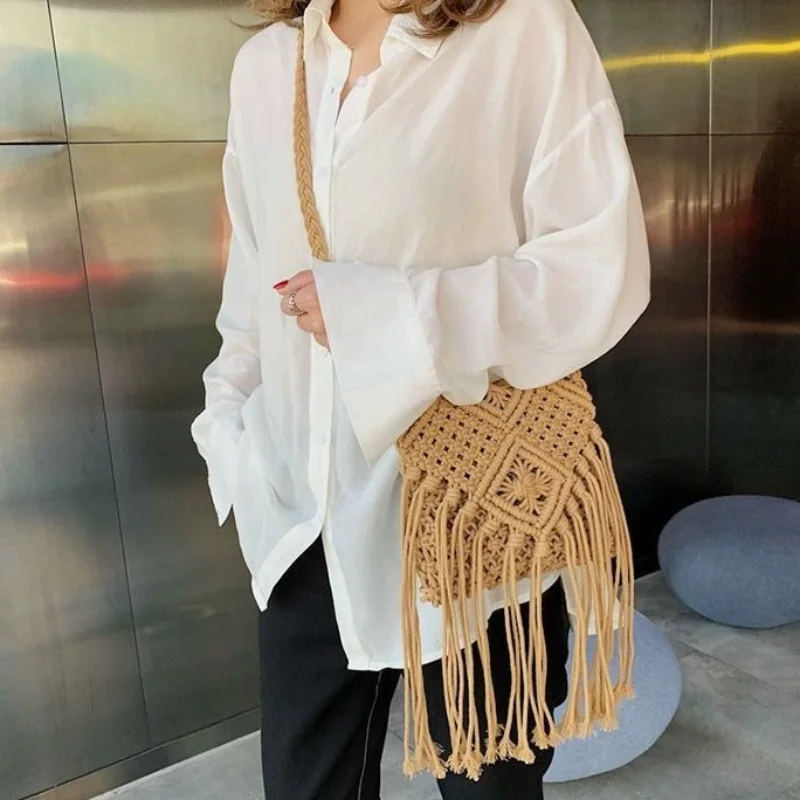 

Хлопковая тканая вязаная сумка через плечо с кисточками ручной работы, винтажная сумка через плечо, женская модная пляжная летняя сумка, сумка 2025