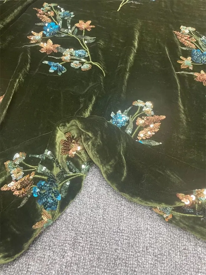 Gao Ding New Army Green Bottom Silk Velvet Machine Embroidery Fabric Colored Embroidery National Style Jacket Clothing Fabric