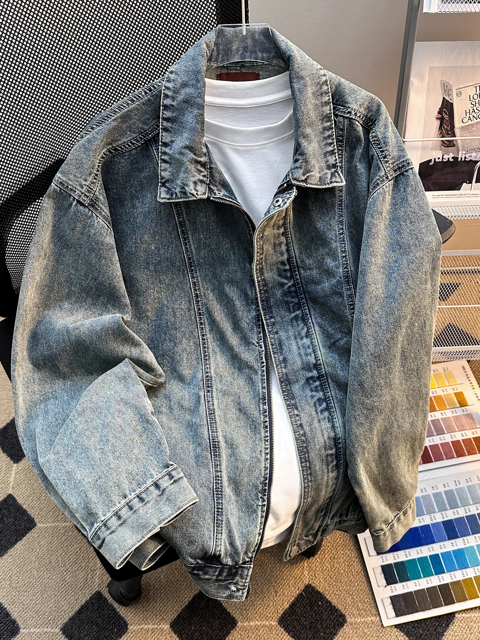 

American Heavyweight Waed Denim Jaet Men's Casual Versatile Top Haome Deconstructed Leisure Coat Loose Fit Long Sve