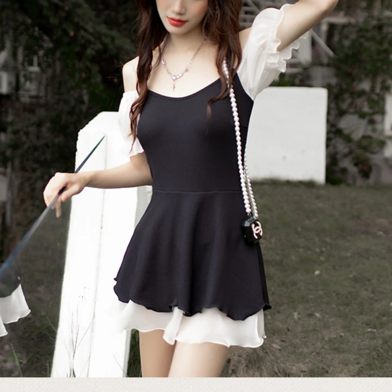 2024 New Summer Trendy Fashion Round Neck Splicing Lace Short Sleeve High Waist Tie One-piece Solid Color Dress Beachwear Style