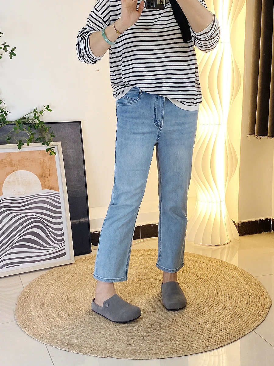 

Джинсы женские с высокой талией, прямые, широкие, эластичные, с эффектом похудения, укороченные, для фигуры «груша», больших размеров