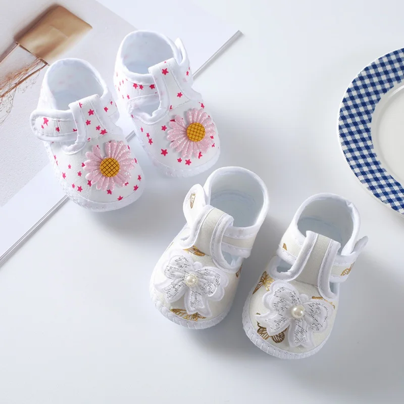 Zapatillas con decoración de flores para niña, suela suave y cómoda para recién nacidos y bebés (0-8 meses)