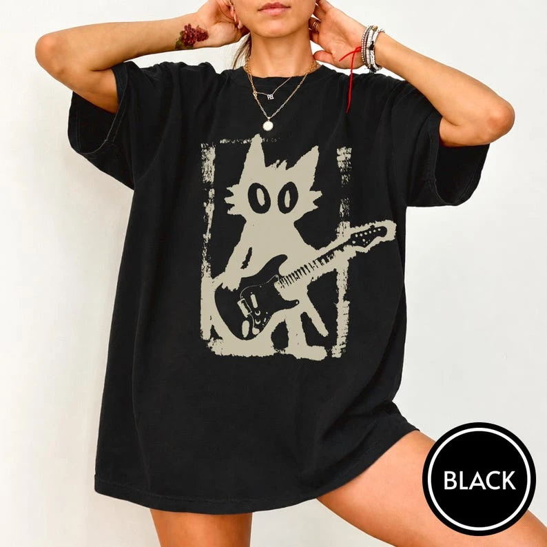 Vintage Rock Cat Playing Guitar Print T Shirt Men Women Casual Tee Y2k Harajuku Streetwear Oversized Cotton Short Sleeve Tops