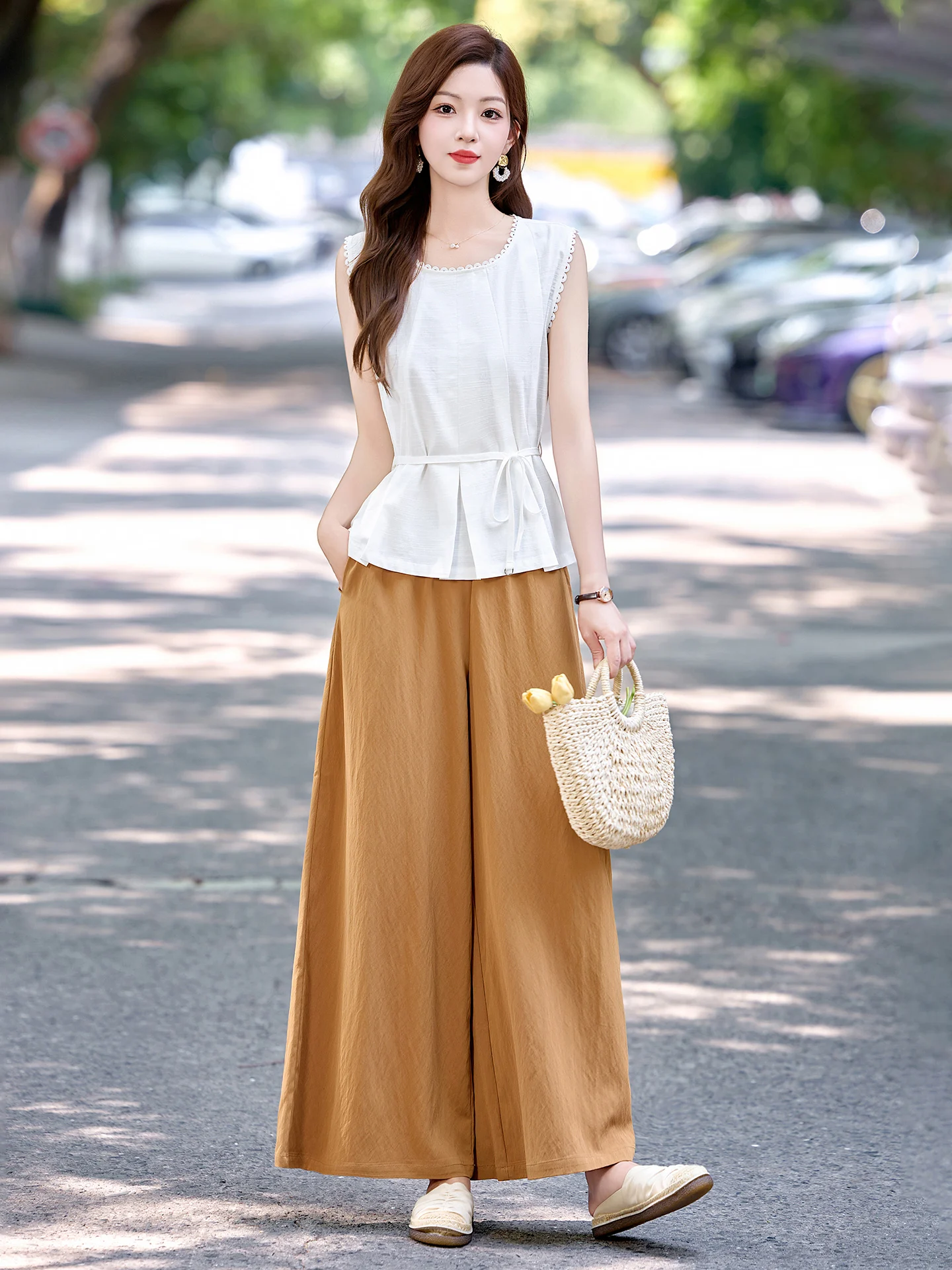ファッショナブルなラウンドネックベストとハイウエストワイドレッグパンツのツーピースセット、韓国風シンプルサマー新作レディース