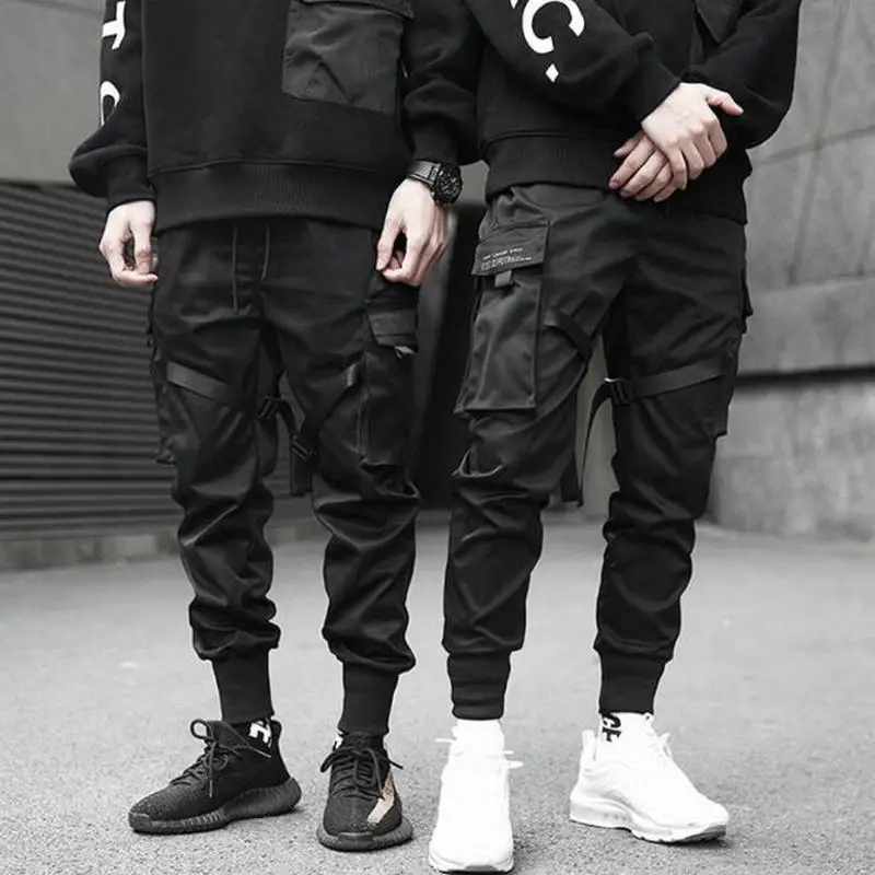 Streetwear 2023 Primavera Casual Calças Dos Homens Fitas De Algodão Calças De Carga Harajuku Moda Slim Fit Preto Corredores Homens