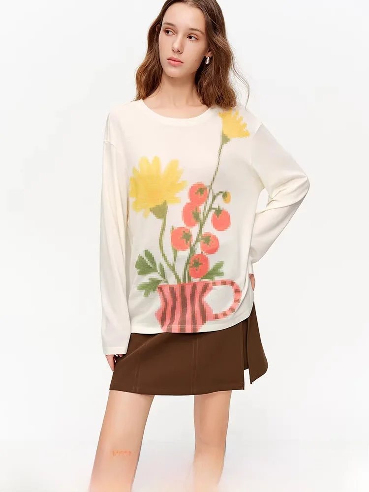 

Retro Floral Print Knitted T-irt Women's Loose Slimming Spring Top Ele Sle Long Sve round Ne Casual Faion