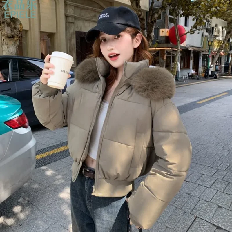 

Winter Hooded Cropped Parkas Women Vintage Solid Office Lady Zipper Puffy Coats Thicken Warm Casual Fur Collar Pocket Outwear